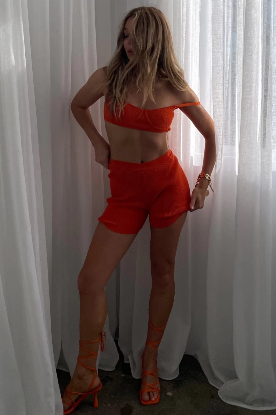 SNDYS Women's Oyster Ribbed Shorts in Blood Orange - High Waist Comfort Fit Summer Fashion