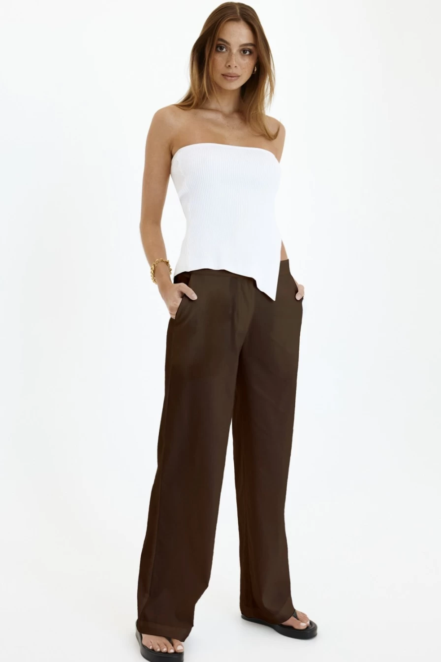SNDYS Women's Annika High-Waisted Chocolate Brown Pant - Comfortable Stretch Trousers