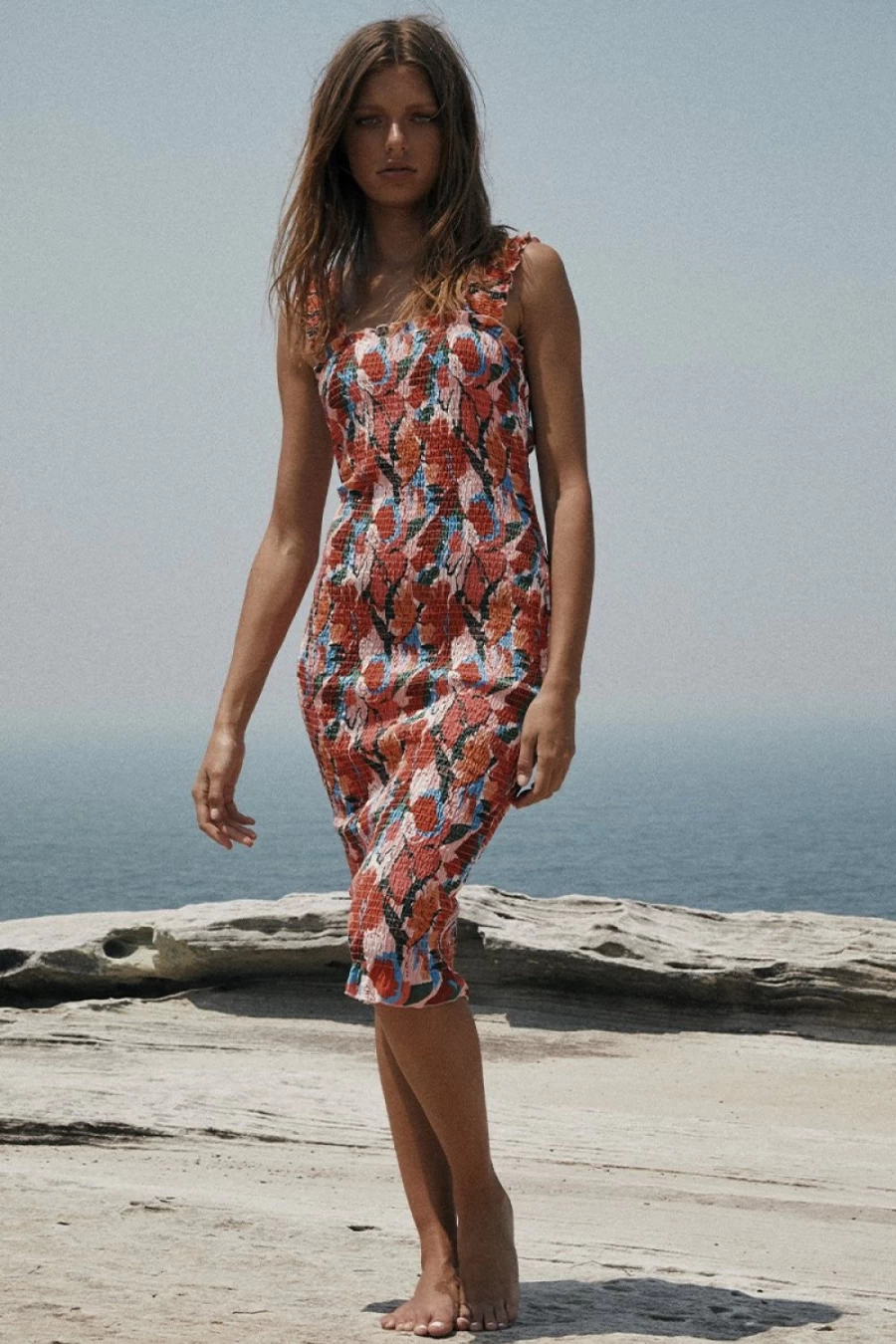 SNDYS Women's Tina Midi Dress - Floral Red Printed Summer Casual Dress