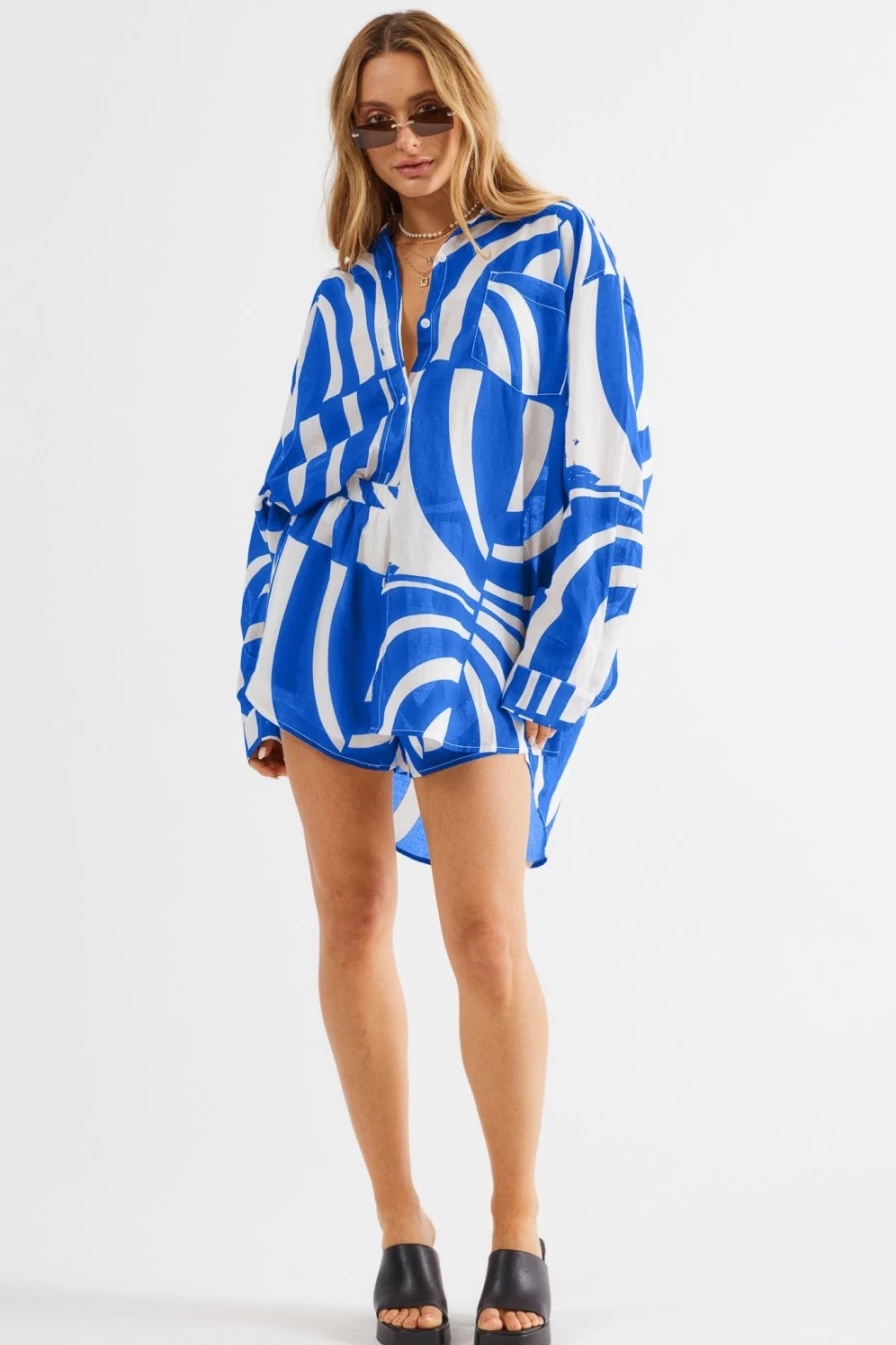 SNDYS Women's Heather Blue Printed Shirt - Stylish Casual Top