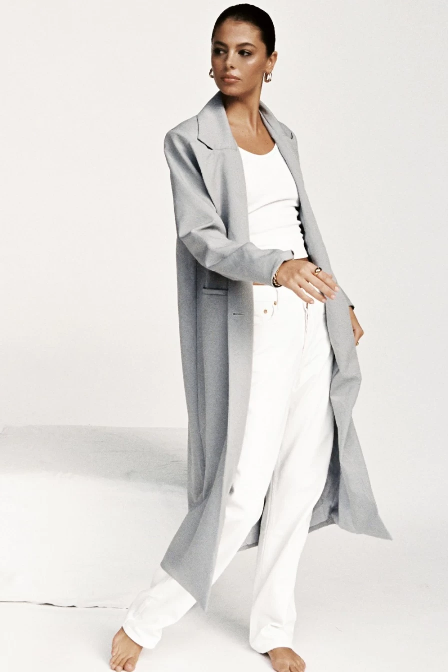 SNDYS Women's Light Grey Noella Long Blazer Coat for Elegant Office Wear