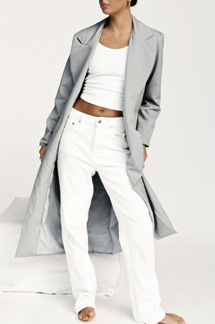 SNDYS Women's Light Grey Noella Long Blazer Coat for Elegant Office Wear