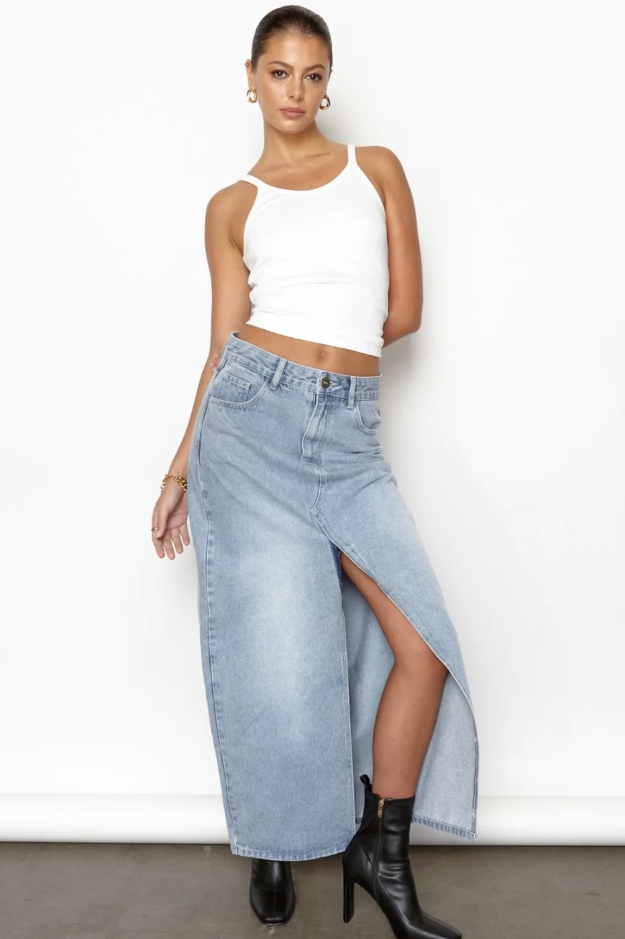 SNDYS Women's Denim Blue Nila Skirt - High Waisted A-Line Vintage Style