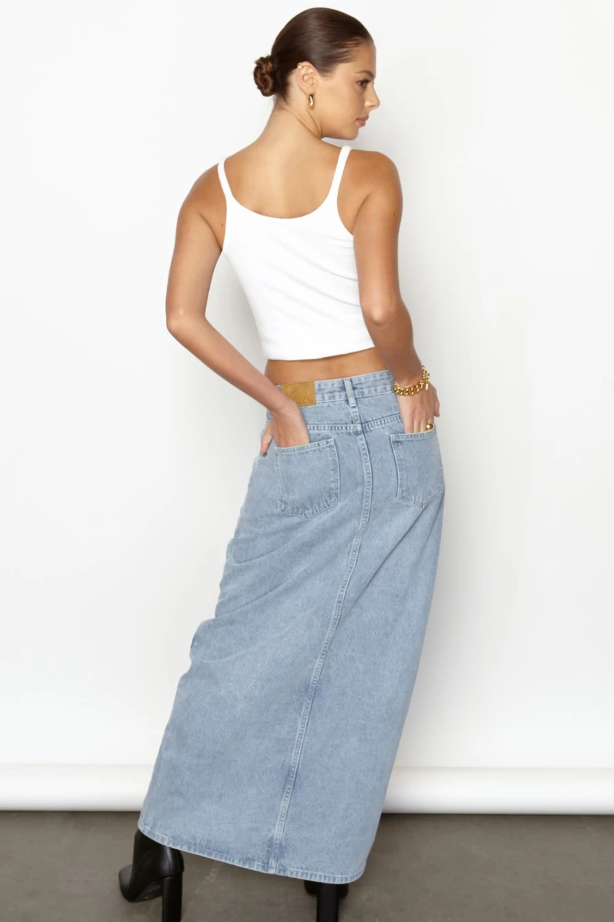 SNDYS Women's Denim Blue Nila Skirt - High Waisted A-Line Vintage Style
